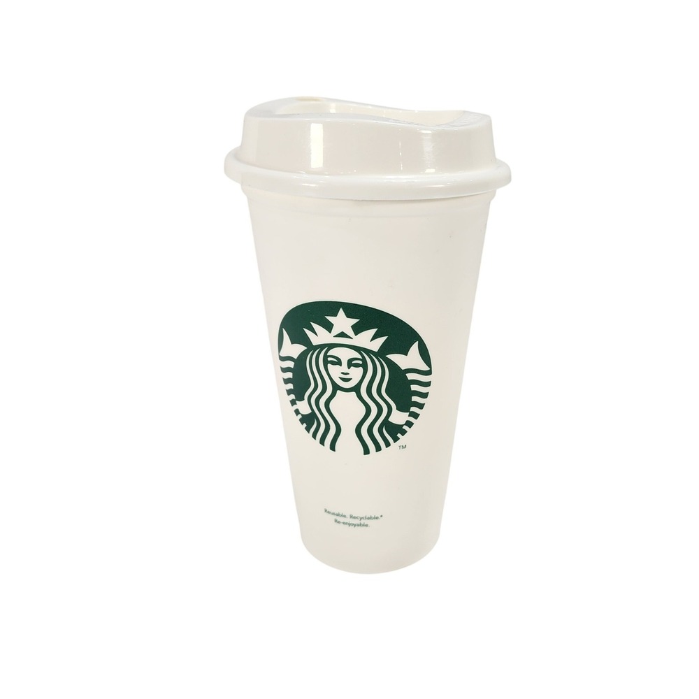 Starbucks Reusable Travel Coffee Cup White Plastic Siren Logo Tumbler with Lid